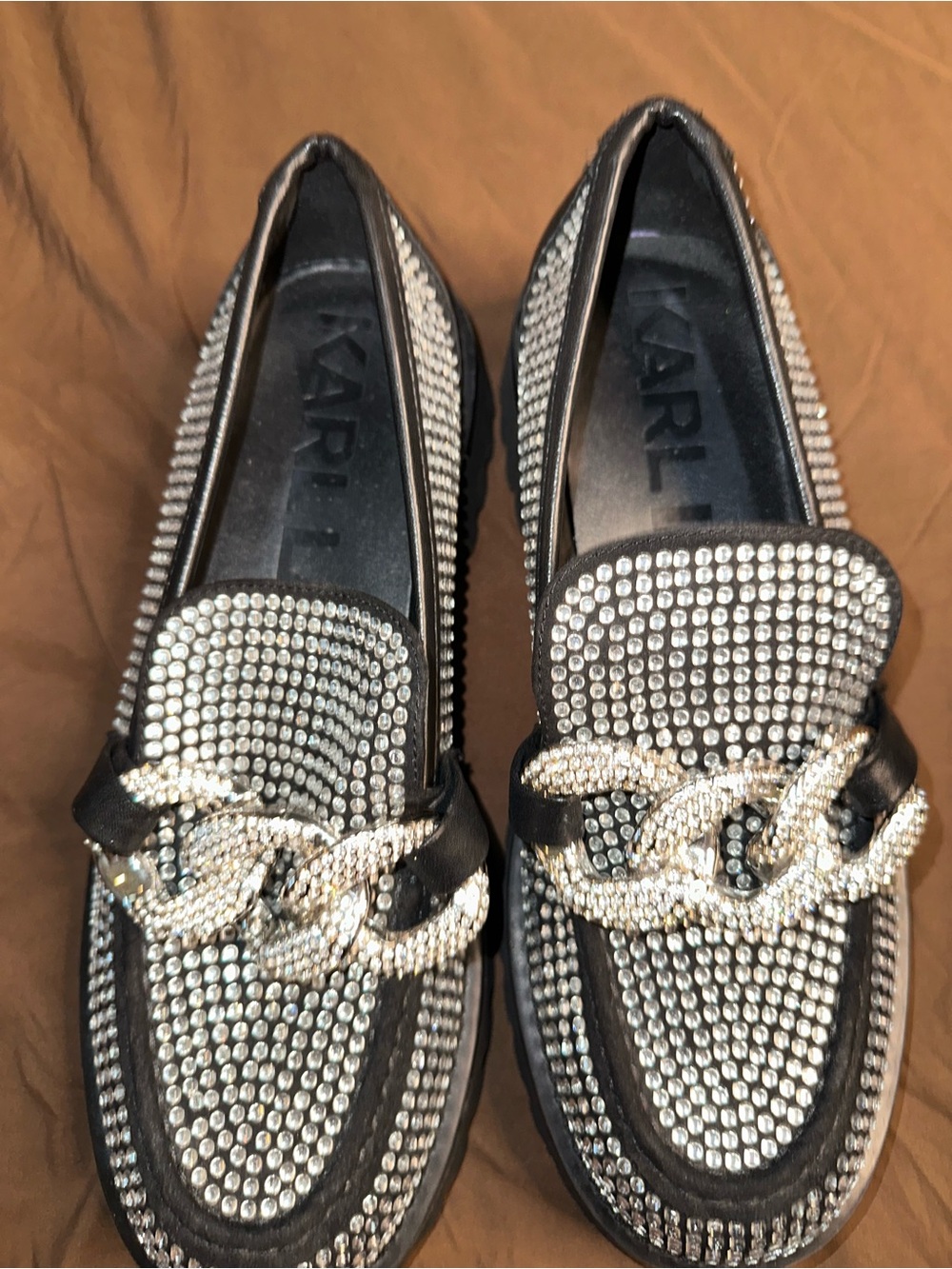 Karl Lagerfeld Black Crystal Chain-Embellished Loafers